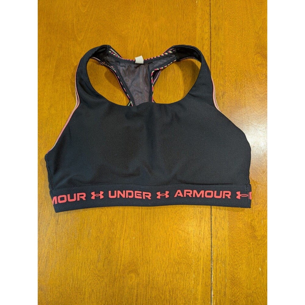 Under Armour HeatGear Compression Sports Bra LG Black Racerback Pink Trim Neon